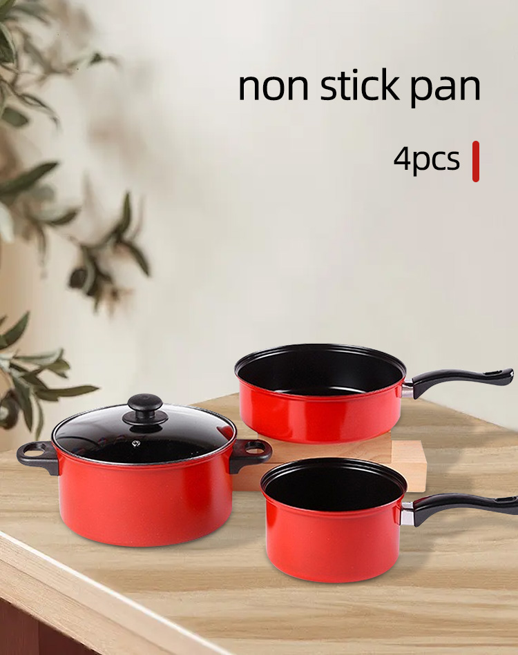 Red 4 Piece Cast Iron Cookware Set Iron Non Stick For Kitchen