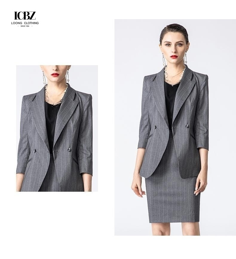 Solid Pattern Women's Office Wear Custom Dark Gray Striped Professional Work Suit