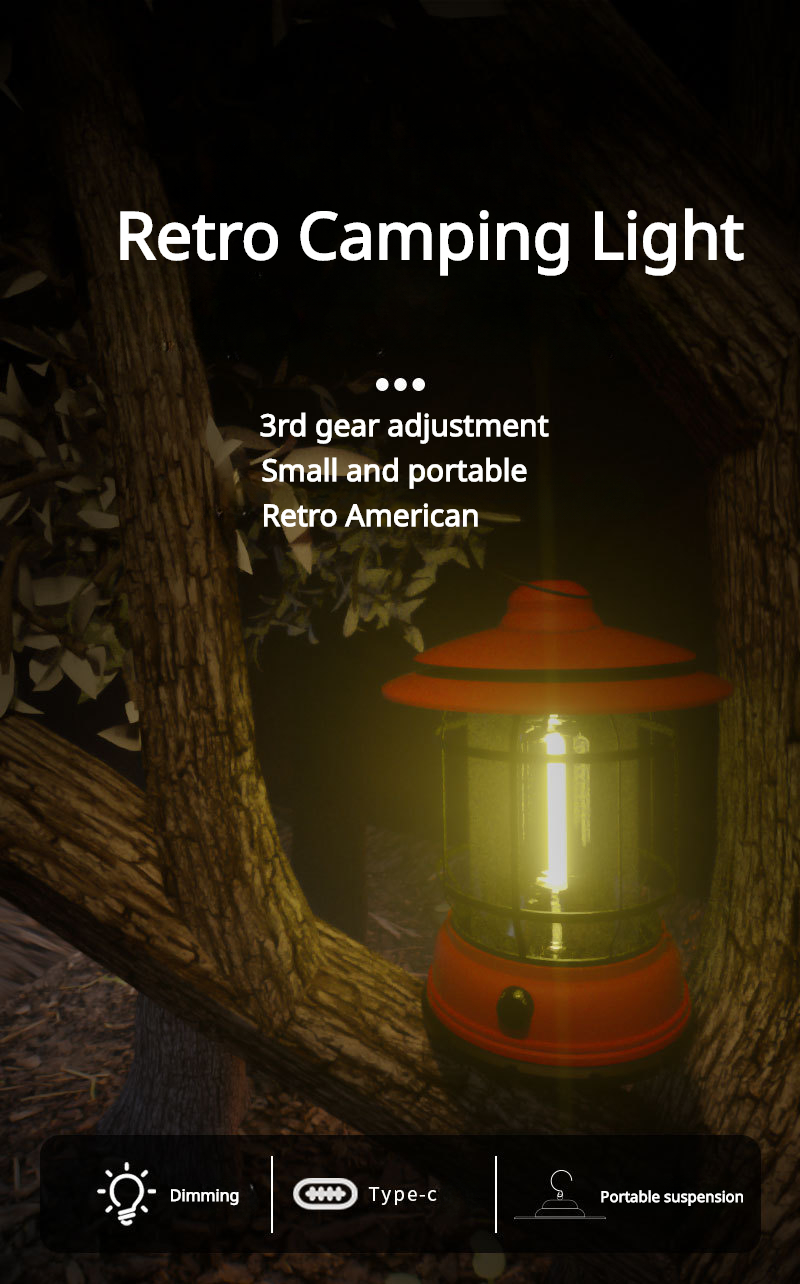 Outdoor retro American camping light 3 gears adjustable USB rechargeable portable camping tent flashlight
