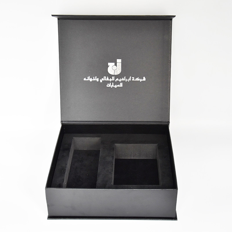 PU Leather Rigid Magnetic Gift Box Custom Wrapping Paper Black With EVA Inlay Metal Logo