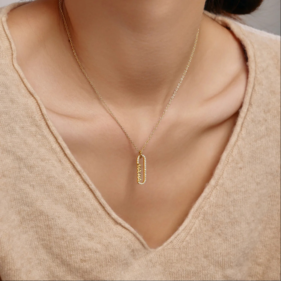 925 Silver 18K Gold Clear Cubic Zircon Mom Pave Paperclip Pendant Necklace for Women Mother's Day Jewelry