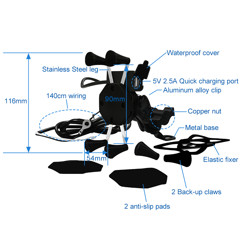 2.5A 5'' Waterproof Motorcycle Phone Holder With Charger 360degree Rotation