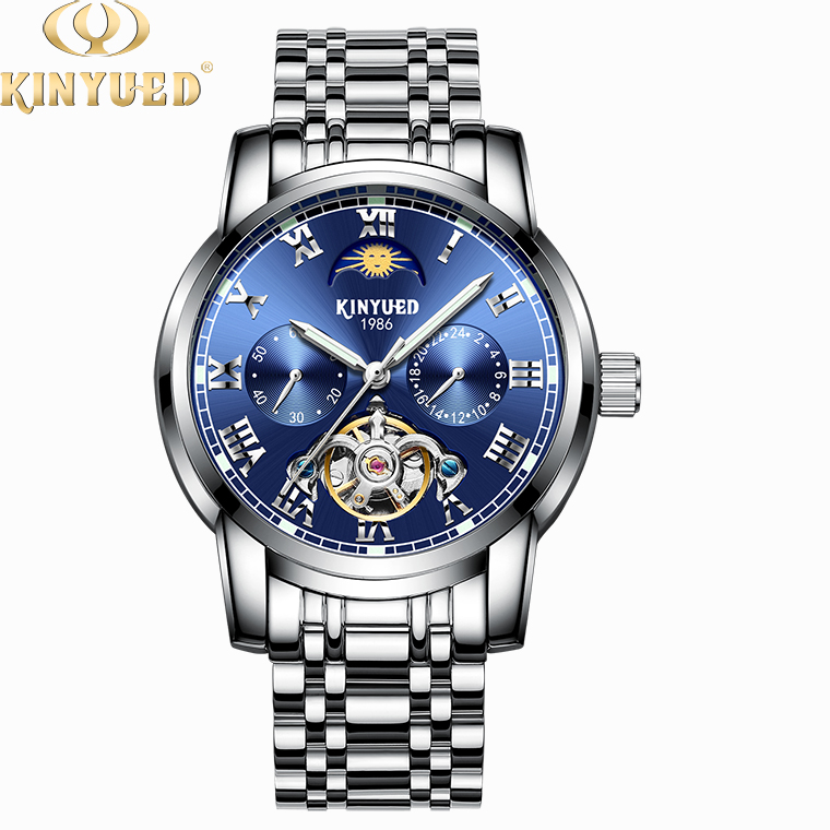 KINYUED Luminous clock hands man stainless steel wristwatches automatic tourbillon movement