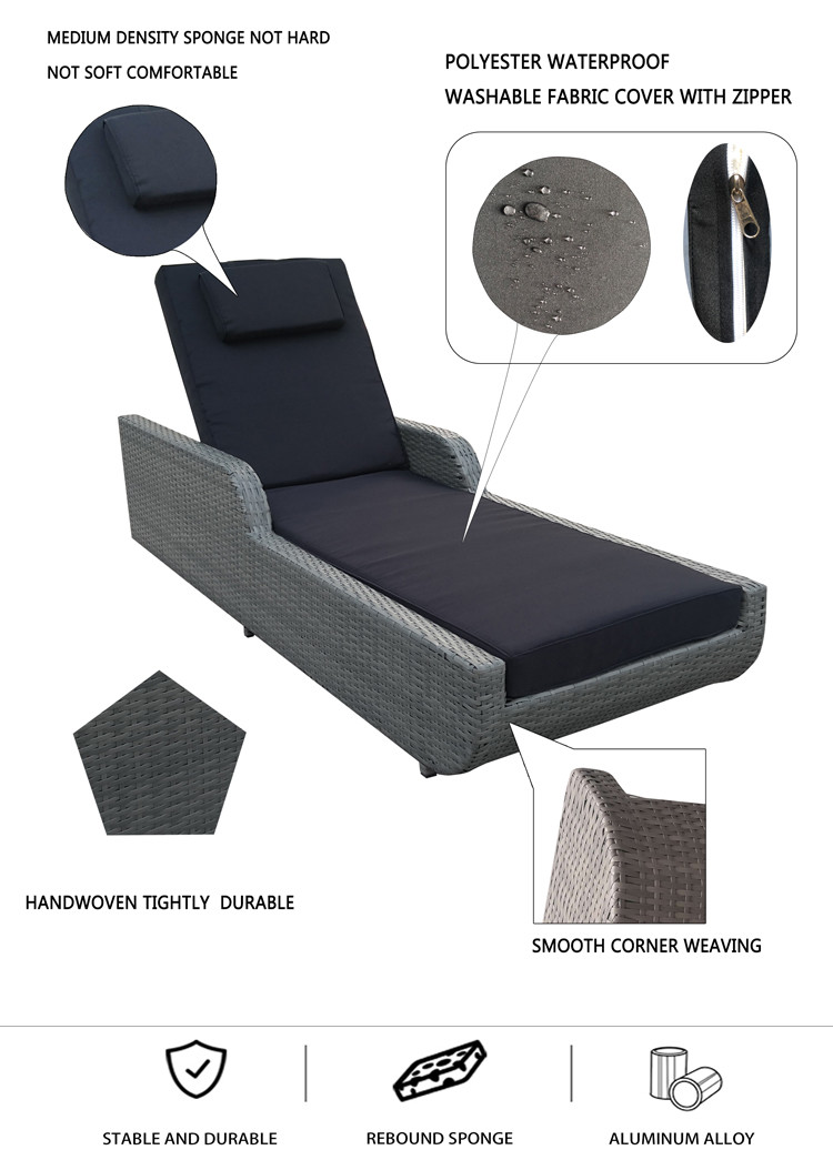 Chaise Lounge Outdoor Rattan Wicker Sun Bed Hotel Wooden Backrest Adjustable