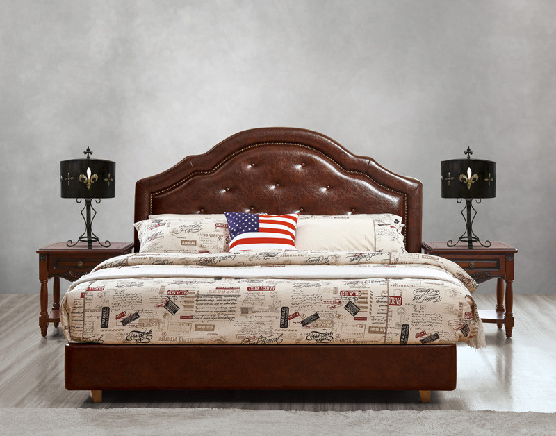 Leather / Fabric Upholstered Headboard Bed for Hotel Bedroom interior Furniture with Wooden nighstand in Cheap price