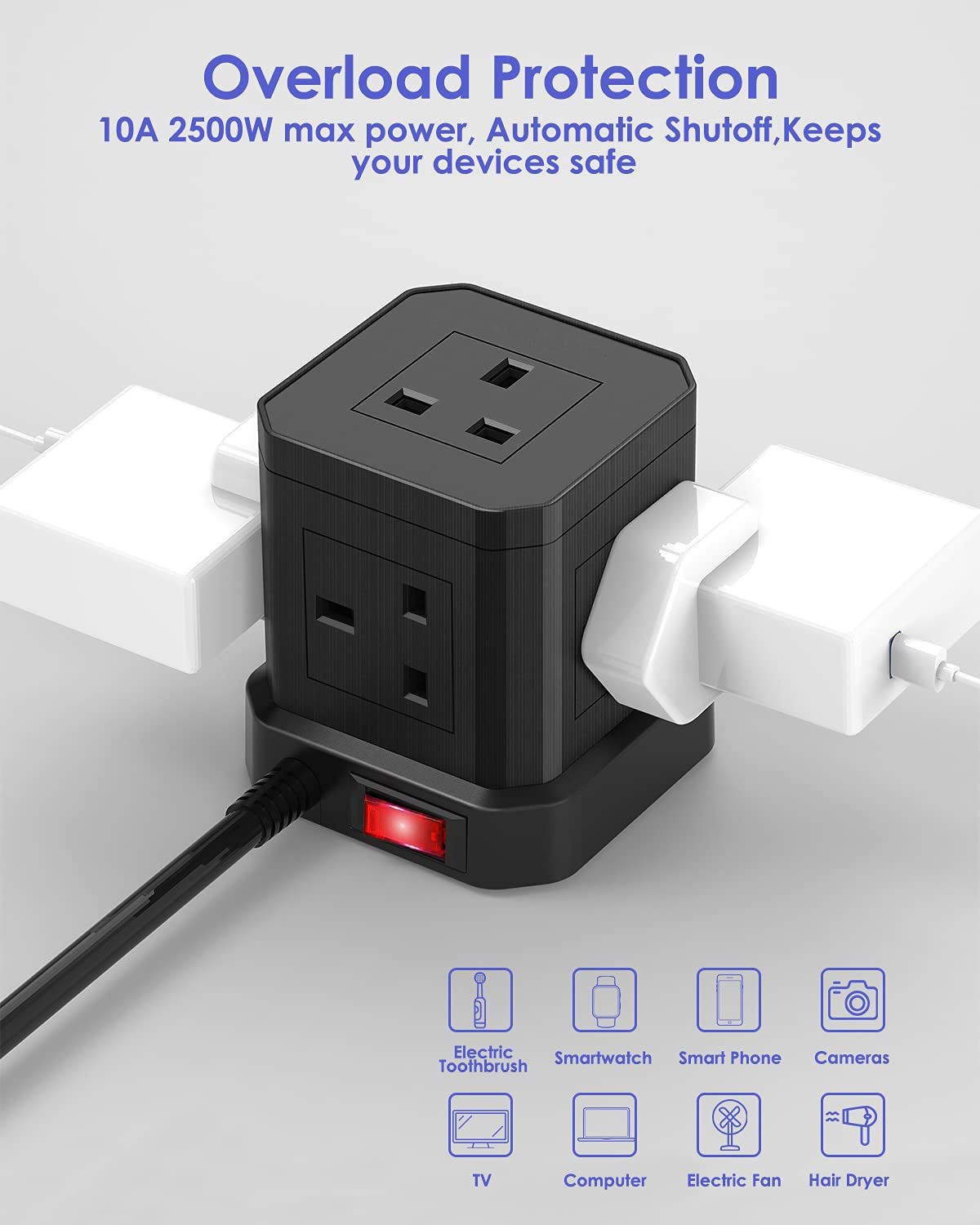 Residential USB C Extension Lead 5 Way Cube Power Strip With 4 USB Slots