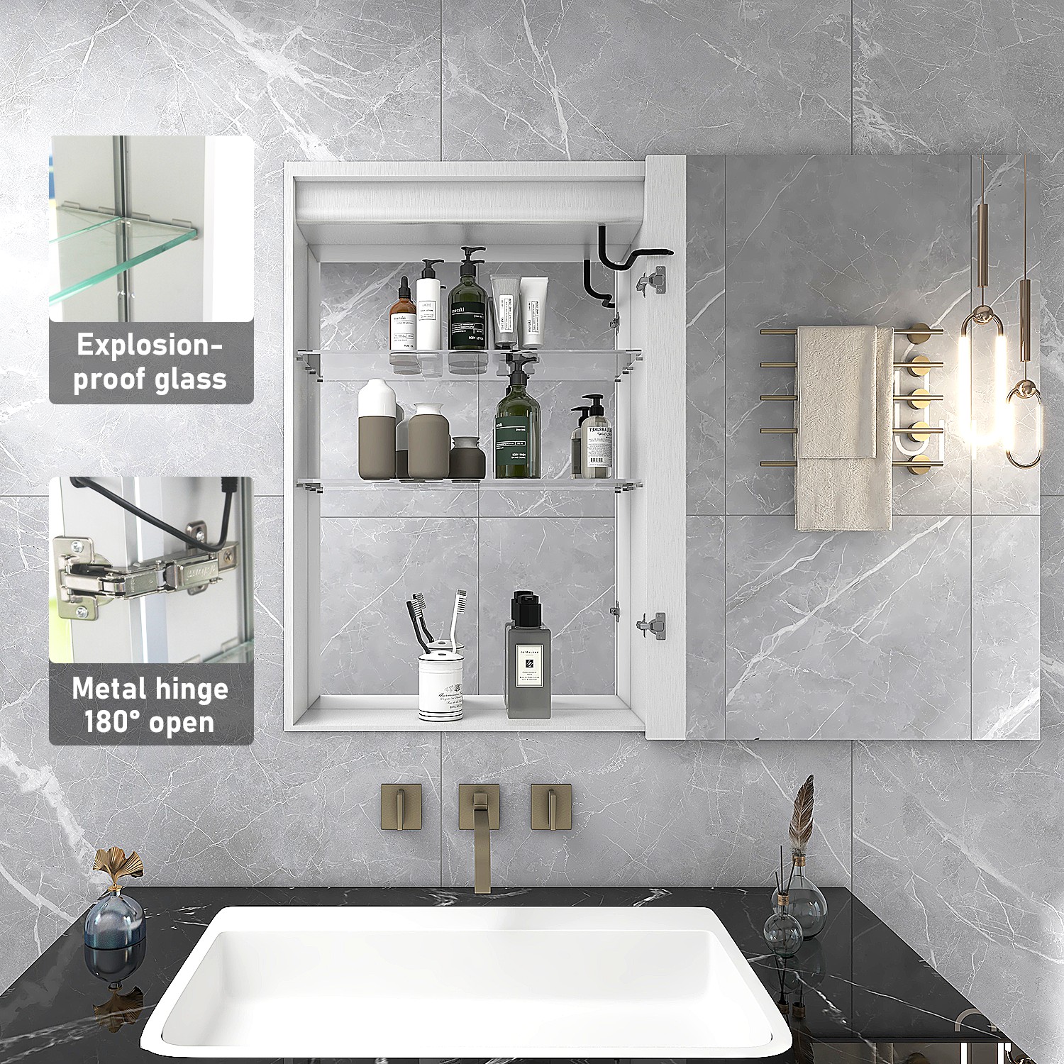 Rectangle LED Light Bathroom Wall Mirror Cabinet With Barbershop Design