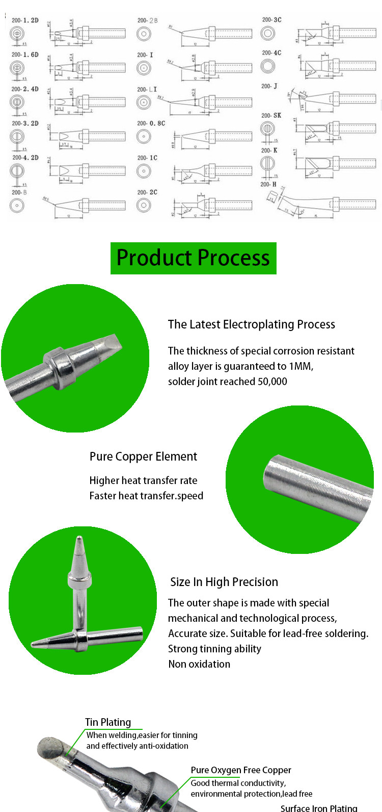 Green 200 Series B C D K I J Lead Free Soldering Tips Oxygen-free Copper ,CrZr