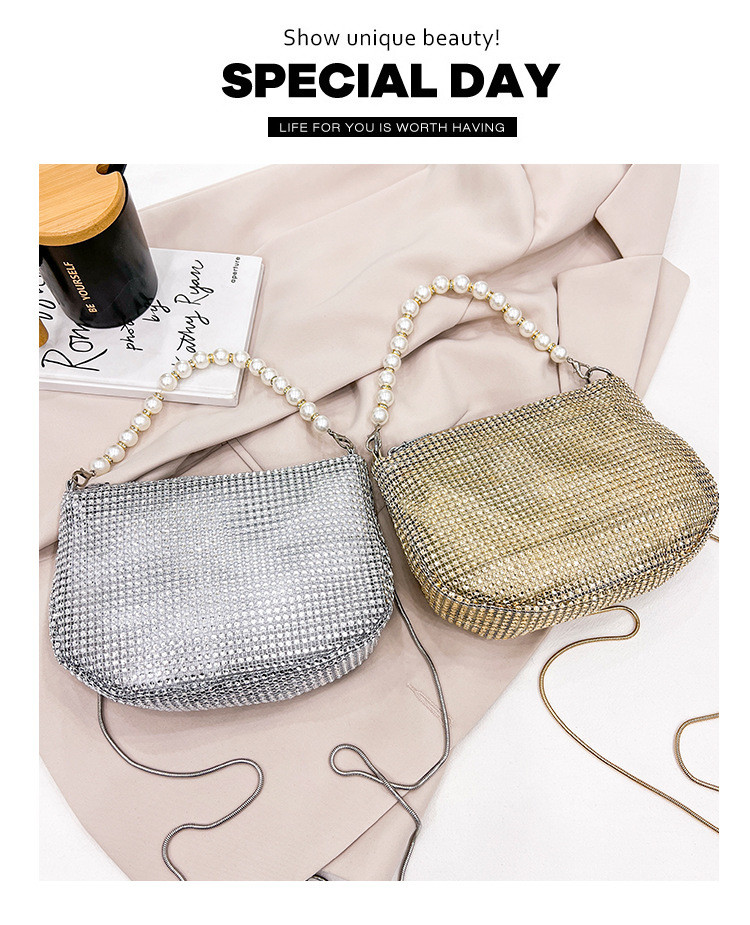 New pearl handle imitation full diamond handbag shoulder bag Cross-border explosive party dinner bag fashion shoulder