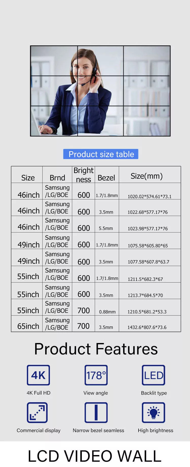 3.5mm Bezel 2x2 Seamless LCD Video Wall 46 Inch Ultra Narrow Frame