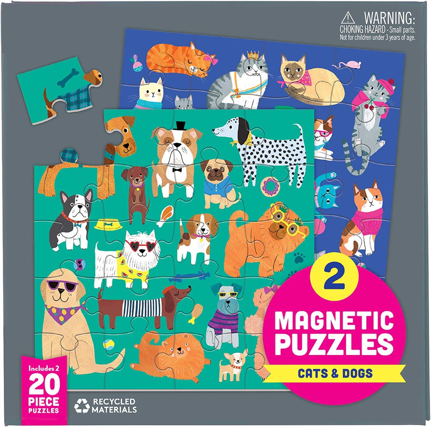 Cats Dogs Magnetic Jigsaw Puzzle 6.5 x 6.5" Multicolor