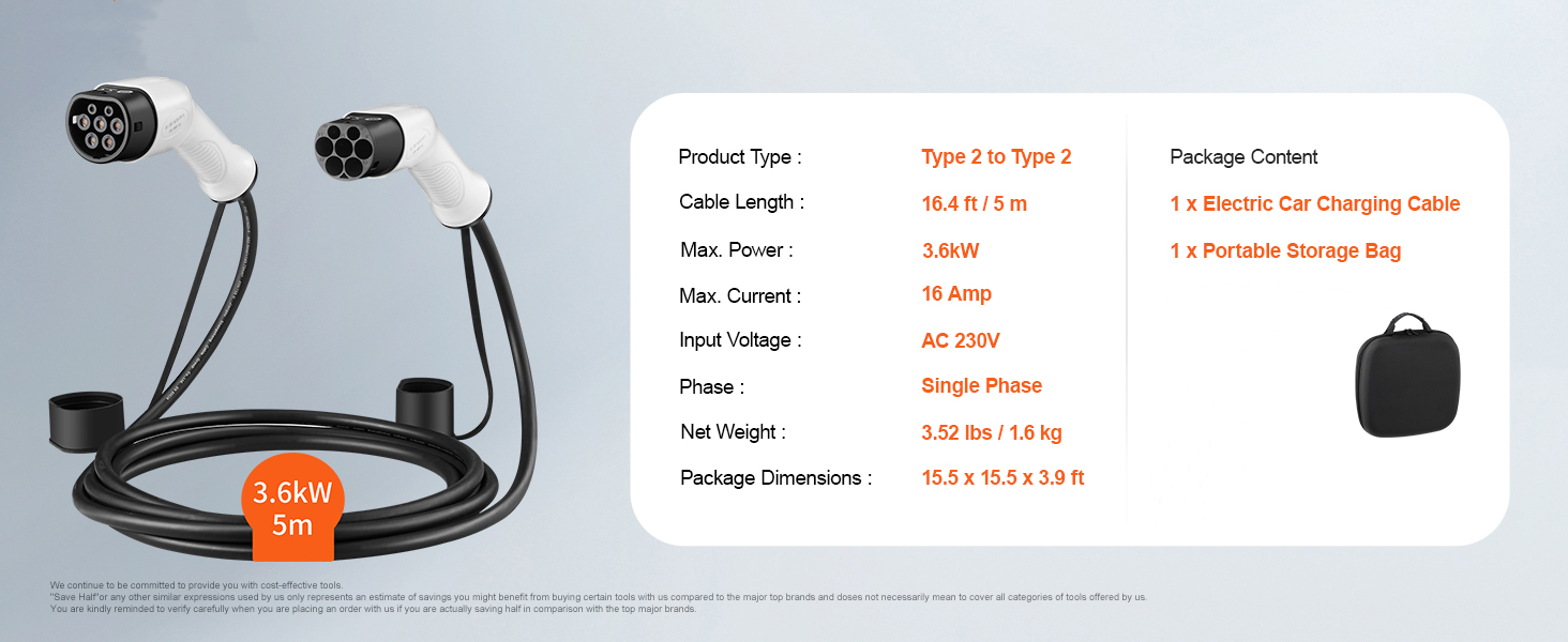 16A 11KW Electric Vehicle Charging Cable IEC 62196 AC Type 2 To Type 2 EV Cable