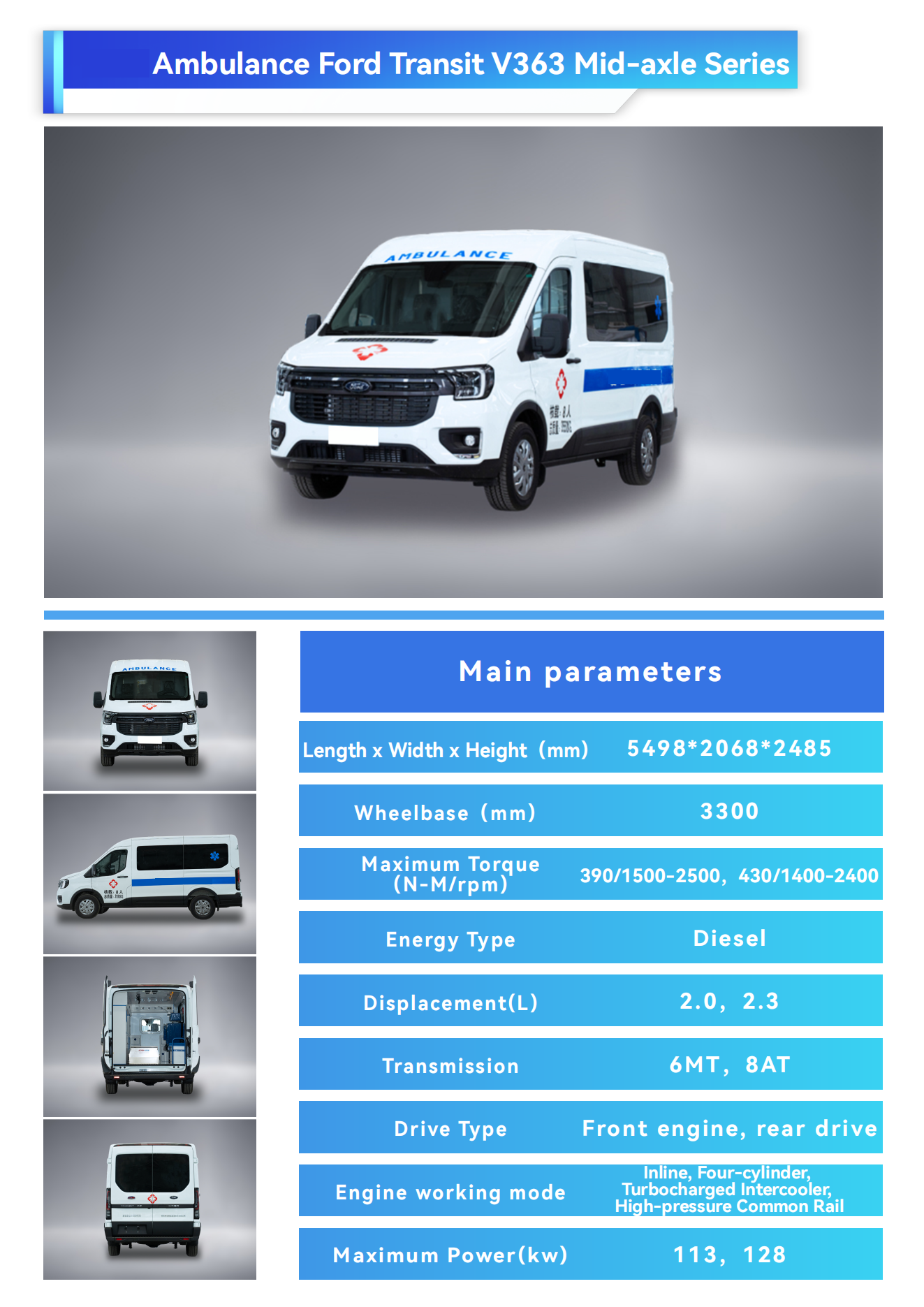 Ford Medical Direct Supply Ambulance Type 2 4x4 Van Rescue Vehicle for Patient Transport Diesel Fuel Rear Track 1704mm
