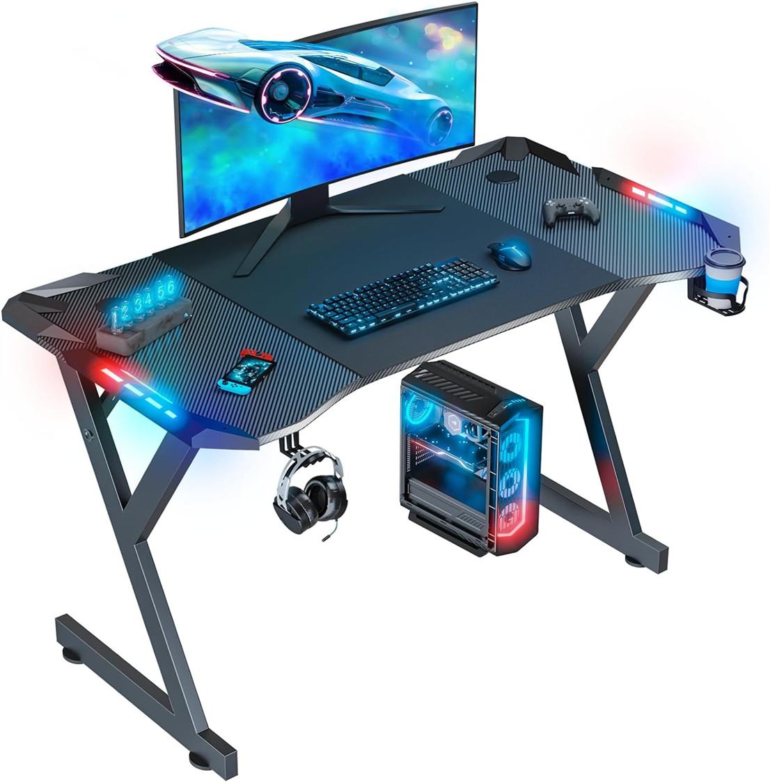 Ergonomically Designed 1.2cm Particle Board And Carbon Fiber Cover Gaming Desk With Holders Featuring Cup And Headset Holders