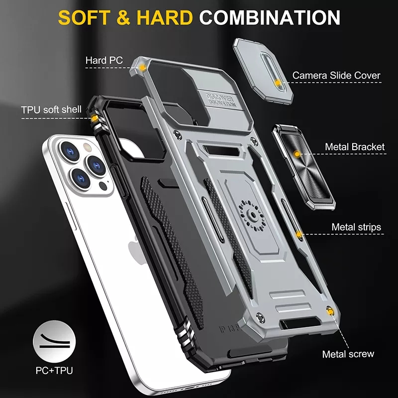 Kickstand Slide Camera Antishock Phone Back Cover For Iphone 13 14 Pro Max Phone Case With Ring Holder Lens Cover