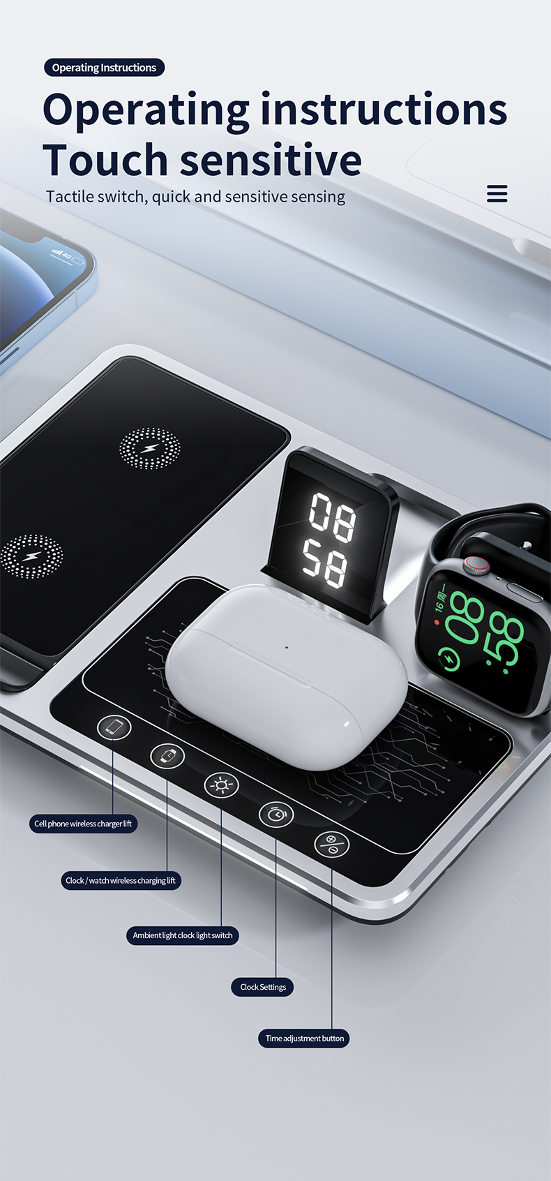 Black Fast Wireless Charger With 15W Maximum Output Power And Smart Touch Control