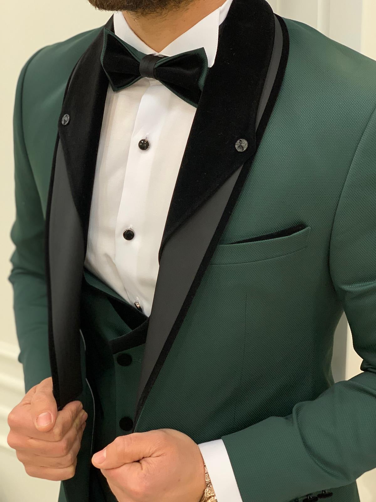 Infinite Green Slim Fit Velvet Mens Peak Lapel Tuxedo