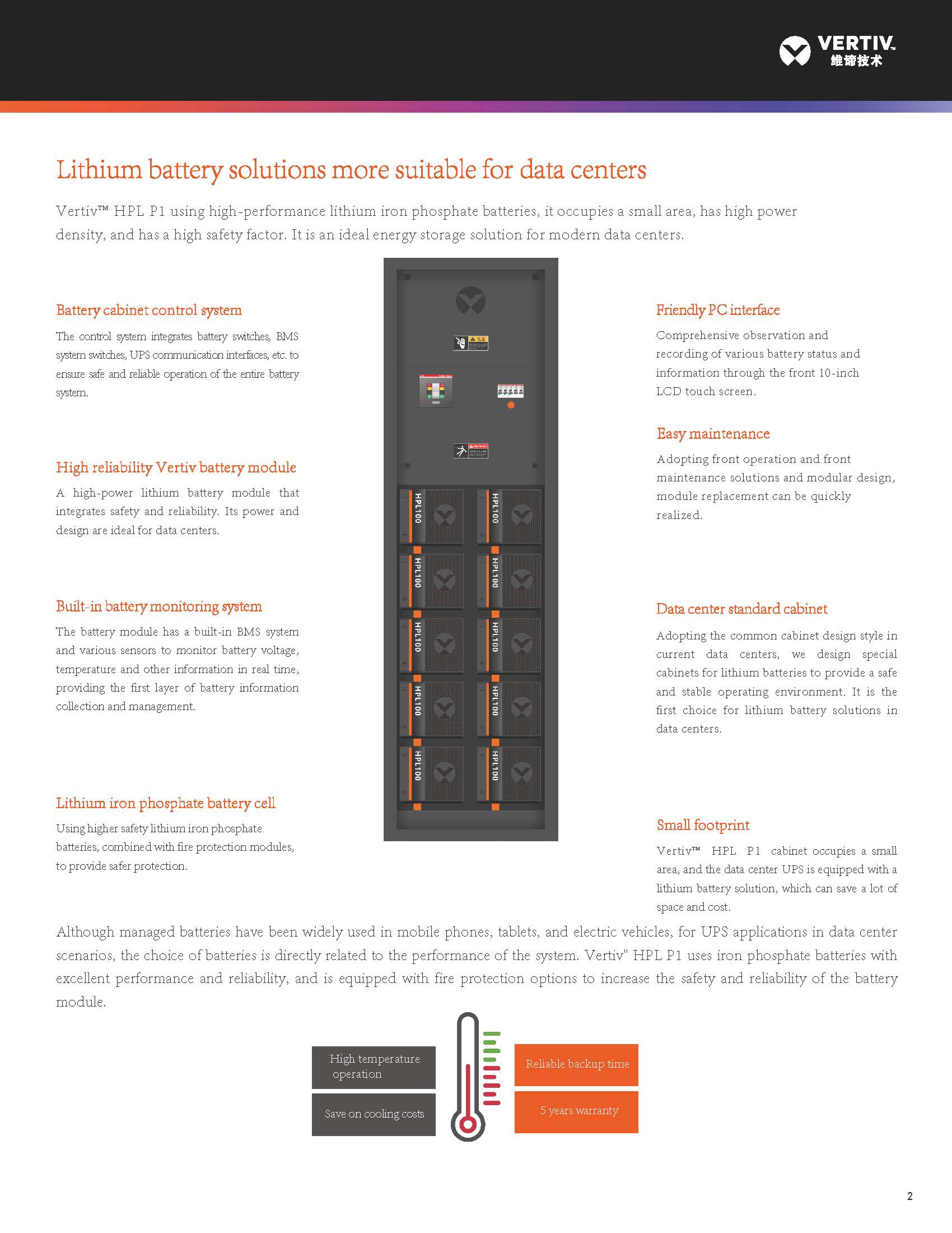Battery Solution Vertiv HPL P1 Lithium Battery MAX 512V for IDC and Industrial Center