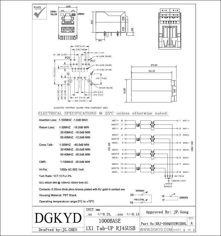 Single Port CAT6 SFP Connector RJ45 With Transformer USB Combo
