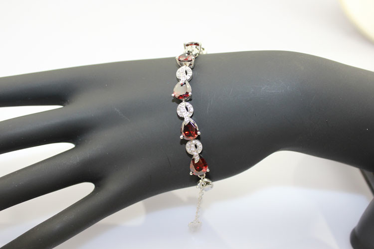 Sterling Silver Created Garnet Clear CZ Diamonds Tennis Bracelet(B02GARNET)