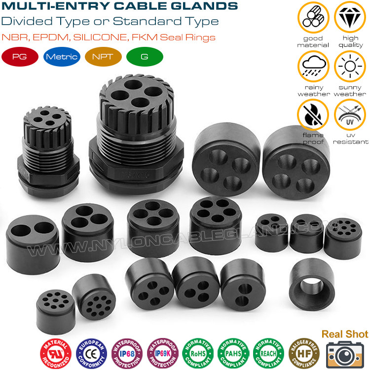 Multi-hole (Multi-Entry) Plastic IP68 Cable Glands with PG & Metric Threads for Electrical Encloures