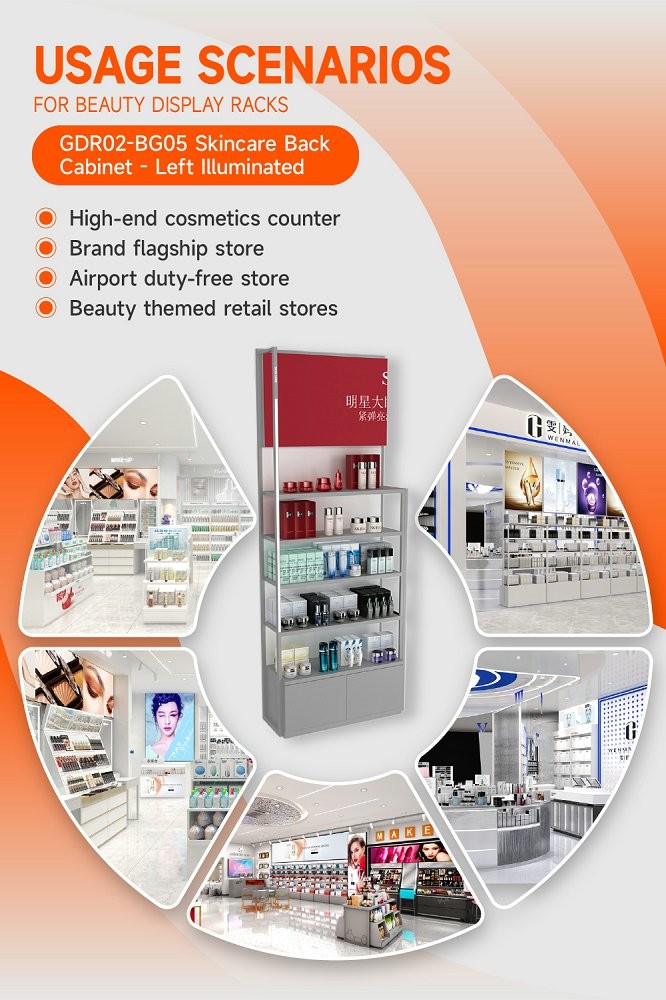GDR02-BG05 Left Illuminated Skincare Display Cabinet with Multi-Purpose Storage and Modern Style for Department Stores