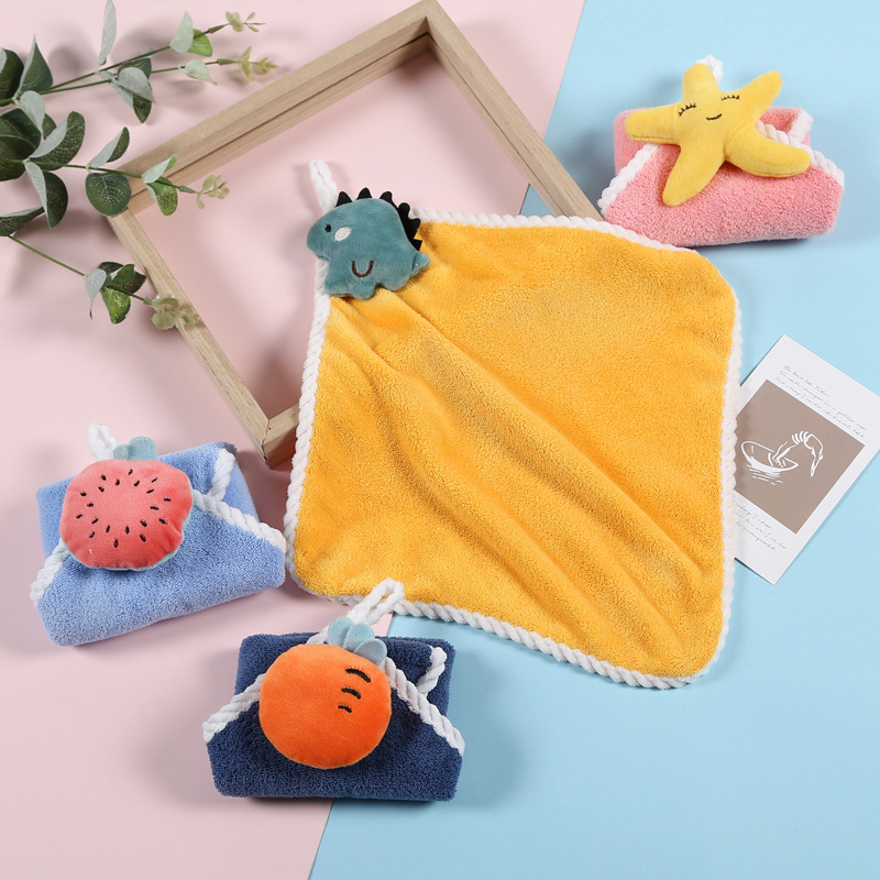 Children's Cute Handkerchief Soft and Absorbent Coral Velvet Towel with Hanging Hook