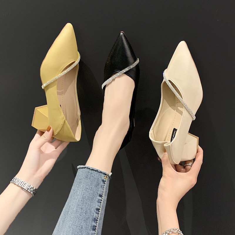 Elegant Office Spring Pointed Single Ladies Casual Leather Shoes 4cm Square Heel