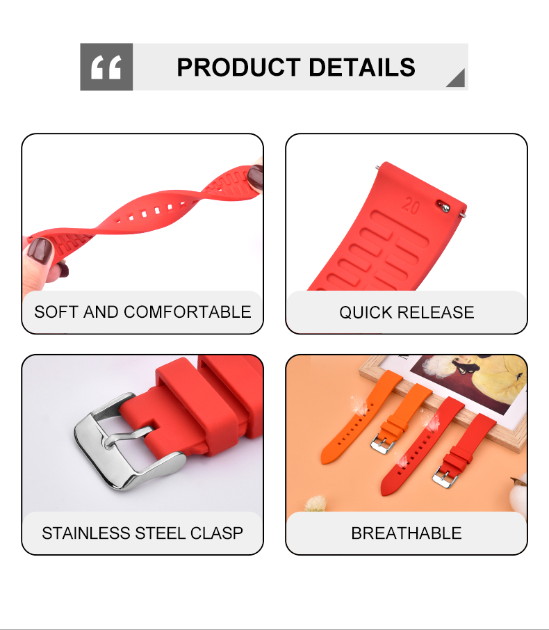 ROHS Quick Release 20mm Silicone Rubber Smart Watch Strap