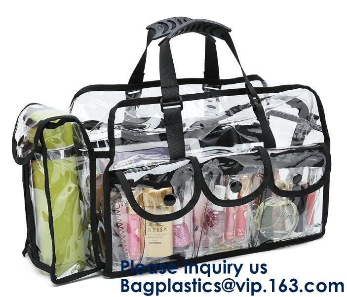 Beach Bag Clear PVC Bag Tote With Inner Pocket And Zipper Closure,PVC Bag Beach Tote With Black Handles, Bagease