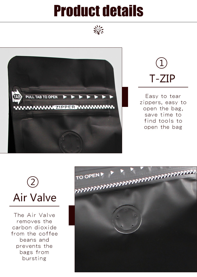 Food Grade Aluminum Foil Coffee Sachet Bag Flat Bottom 300 Micron With Zipper Valve