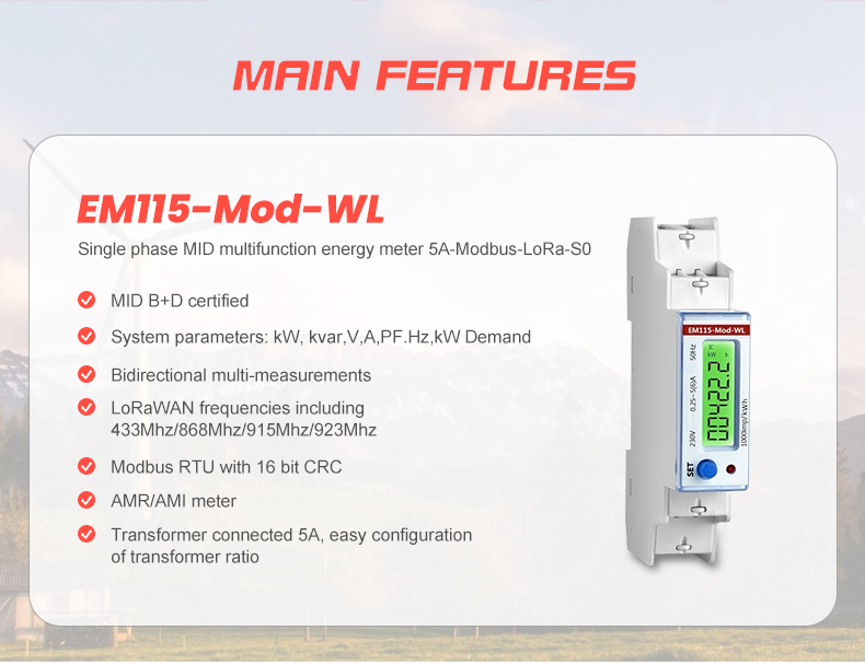 Modbus RTU Communication EM115-Mod-WL 230V 5A Wireless Single Phase Smart Meters