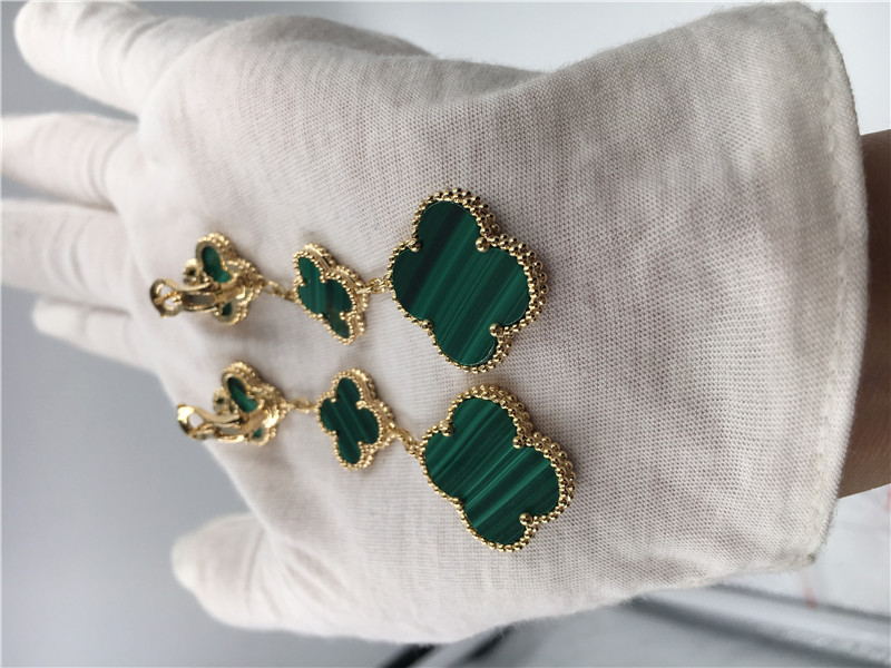Paris Luxury Gold Brand VCA Magic Alhambra earrings 3 motifs malachite 18K yellow gold jewelry