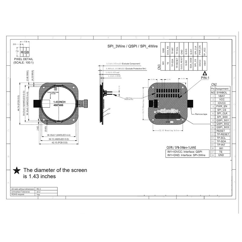 1.43 Inch Round AMOLED Oled Display With Touch Panel 466x466 Resolution RGB/QSPI Interface 350c/d Display Driving IC