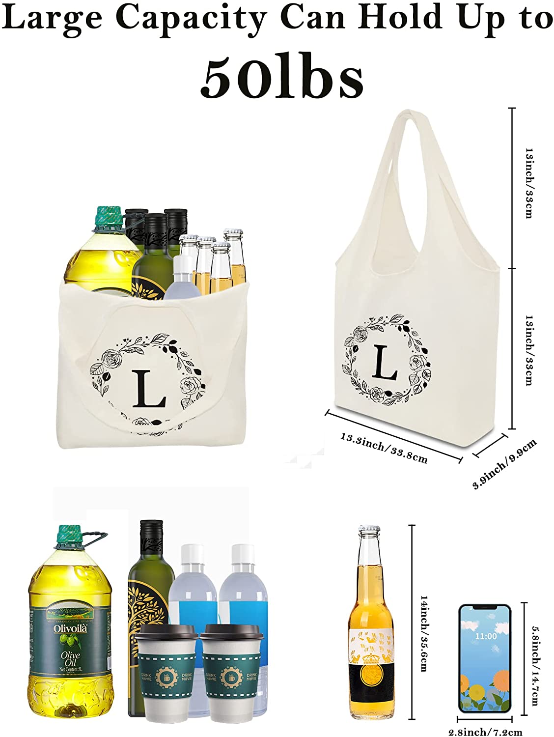 Women'S Large Canvas Tote Bag Reusable 5.91 x 4.45 x 3.7 inches