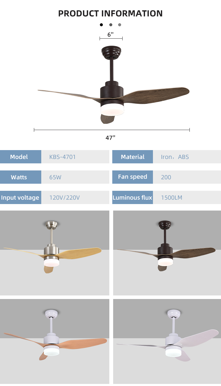 Remote Control 3CCT 47Inch Iron Outdoor ABS Blade Ceiling Fan For Home Office