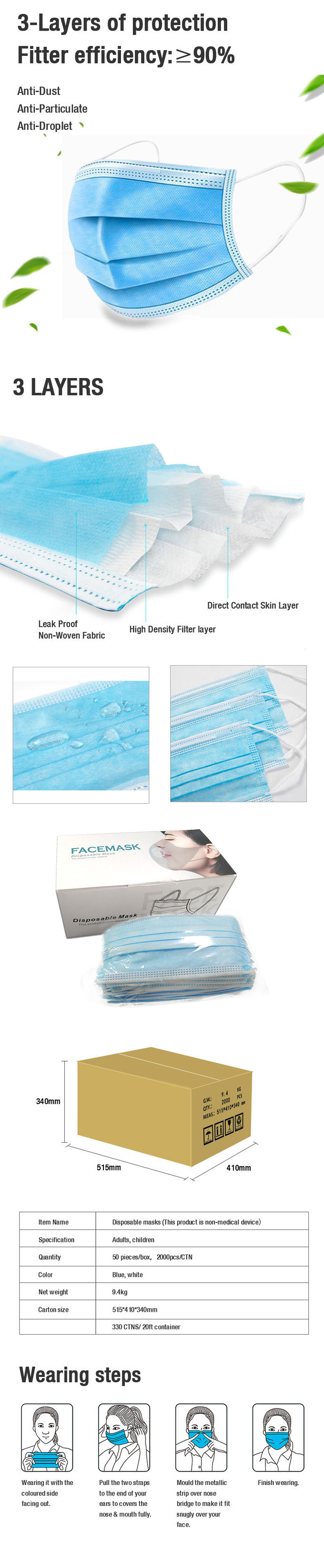 3 Ply Disposable Surgical Face Mask Resistance Pollution 50pcs Per Box With Earloop