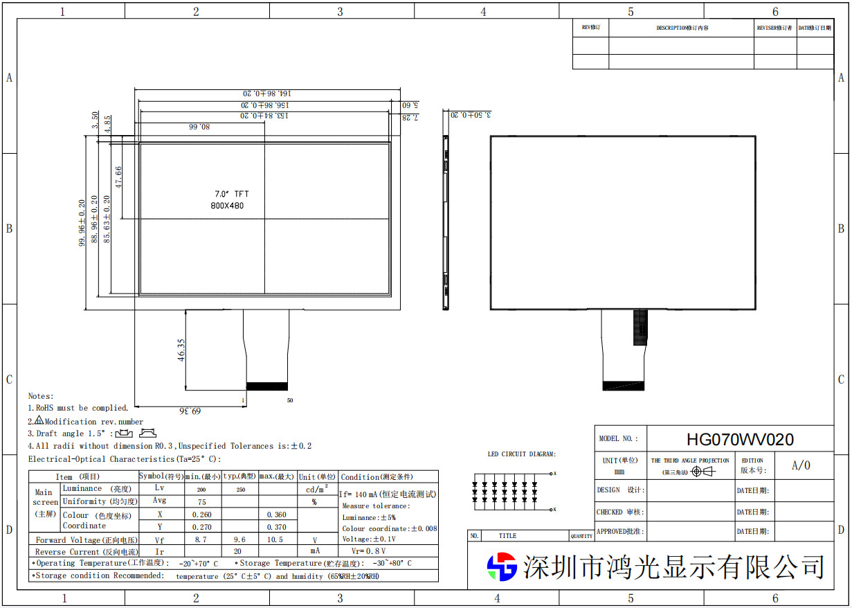 800x480 Resolution 7.0 Inch RGB Interface TFT TN Panel With An Ultra Wide View