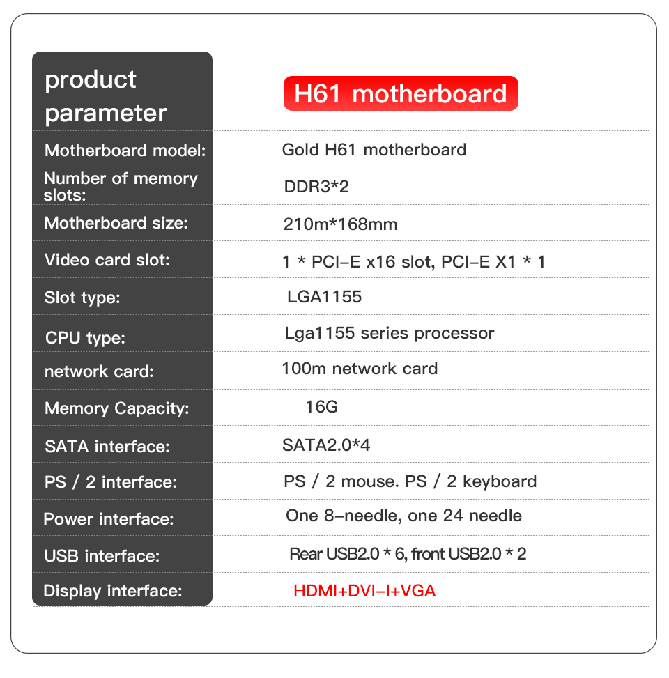 Sata2.0 H61 LGA 1155 Motherboard DDR3 Dual Channel 100m Network Card
