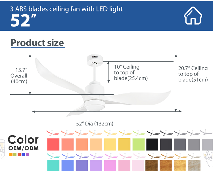 Lamp Body Material Metal 52inch Black 3 ABS Blades DC 35W Simple Decorative Ceiling Fan with LED Light