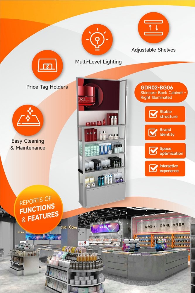 GDR02-BG06 Right Illuminated Skincare Display Cabinet with 60mm Soft Film Light Box and Laser Engraved Brand Logo for Fashion Boutiques