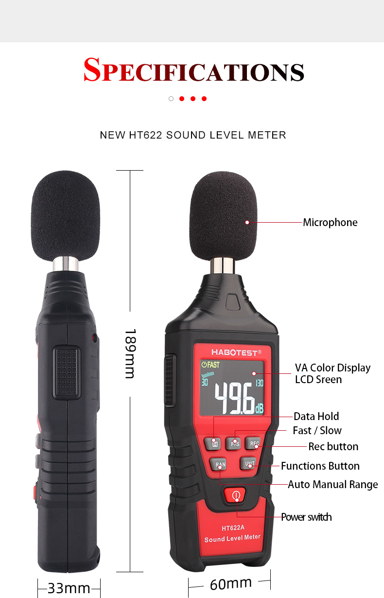 HT622A Digital Decibel Meter , 50dB Handheld Decibel Meter