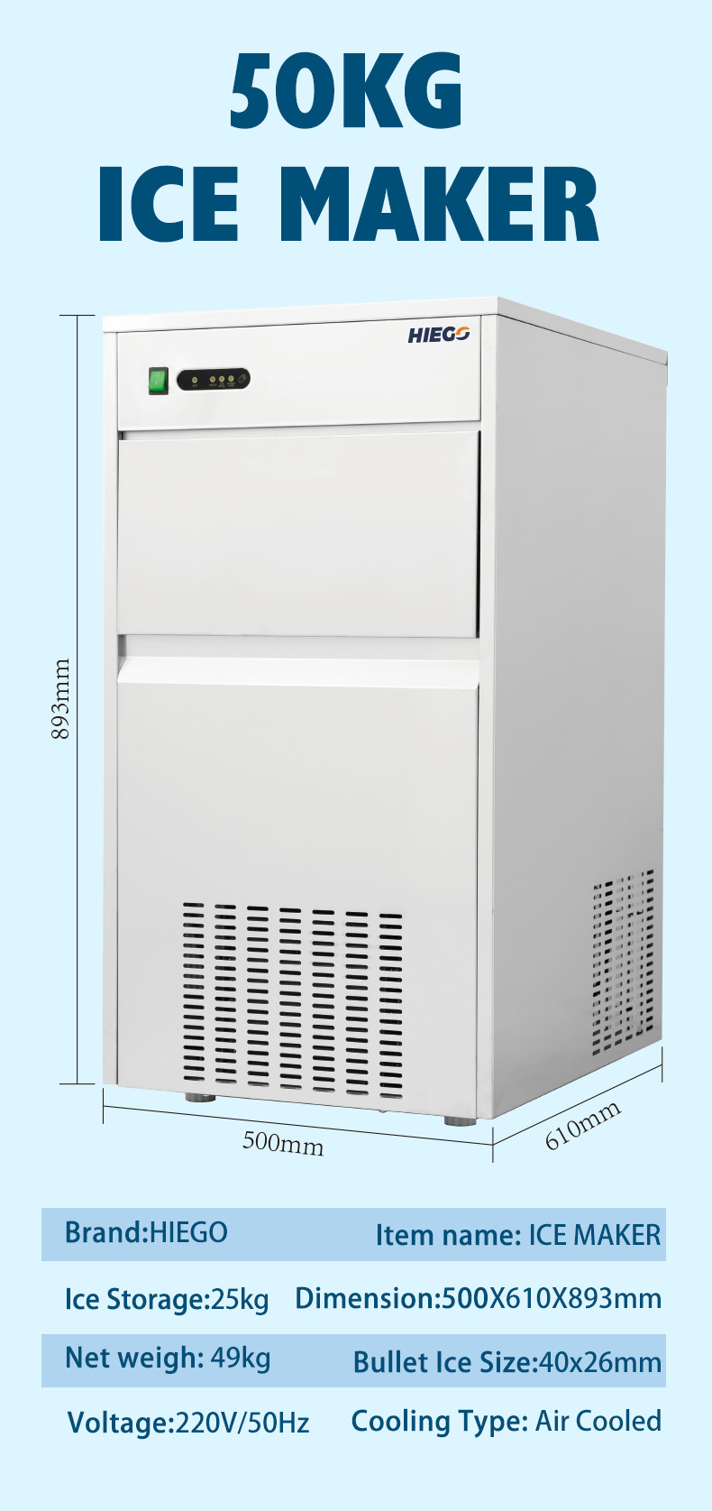 Commercial Counter Nugget Ice Machine 50kg Bullet Ice Making Machine Air Cooling