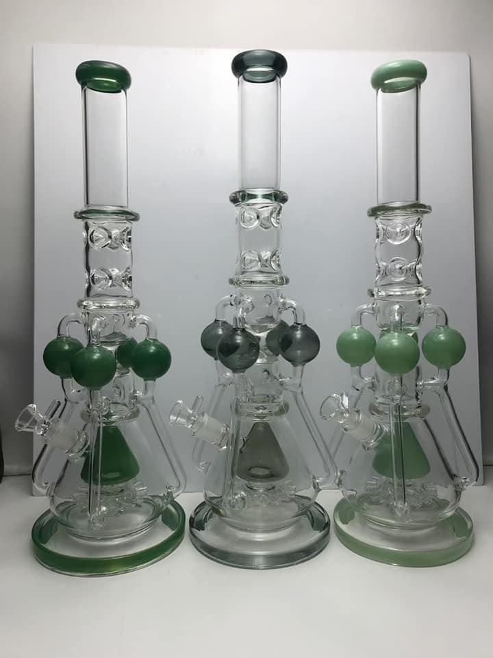16" Water Pipe Tobacco Bong Green Thick Double Percolator Hookah With Ice Catcher