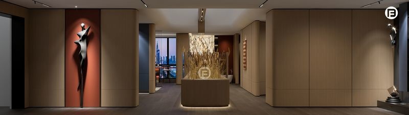Wood Grain Metal Decorative Wall Panel With Bold Orange Accent And Artistic Black Sculpture