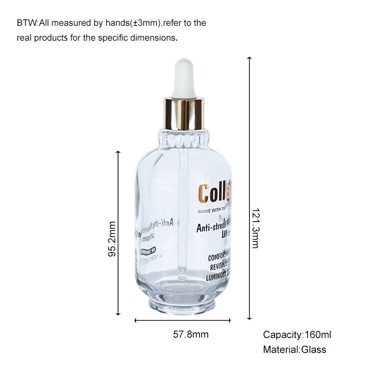 160ml Clear Glass Essential Oil Dropper Bottle Glass Cosmetic Packaging With Gold Dropper