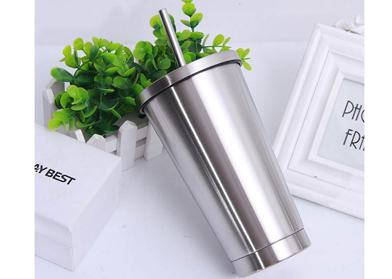 500ml 304 Stainless Steel Straw Cup , Creative Office Portable Straw Cups