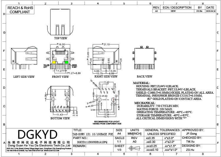 DGKYD111B089DB1A1DPQ RJ45 Network Interface Connector TAB-DOWN 1X1 10/100BASE POE Without 8 Pins