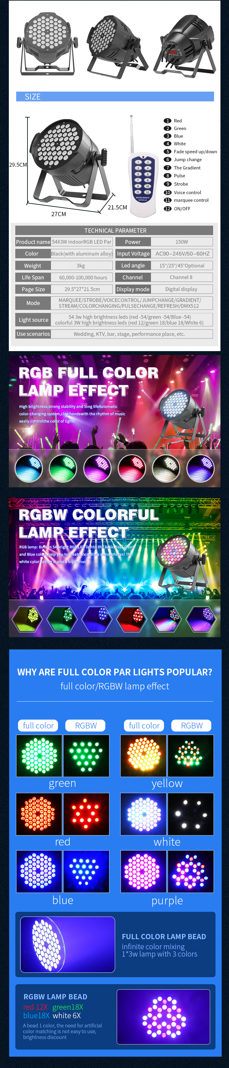 54*3w LED Par Light for Stage Lighting Controlled by DMX and AC100-240V Input Voltage