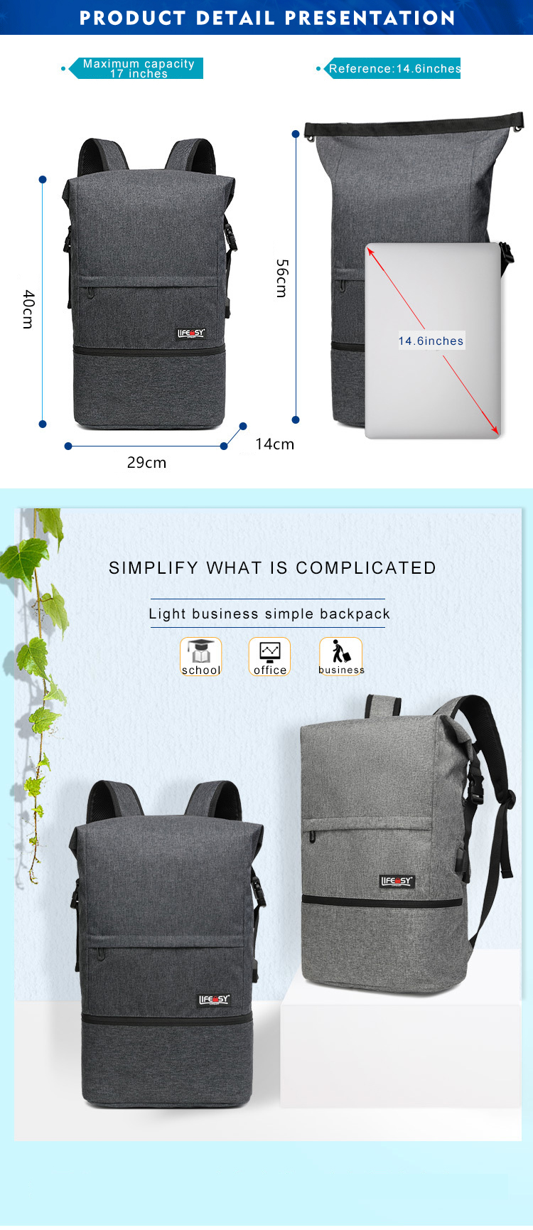 Zipper Hasp 20L Sports Sports Backpack With Shoe Compartment 29*14*40cm